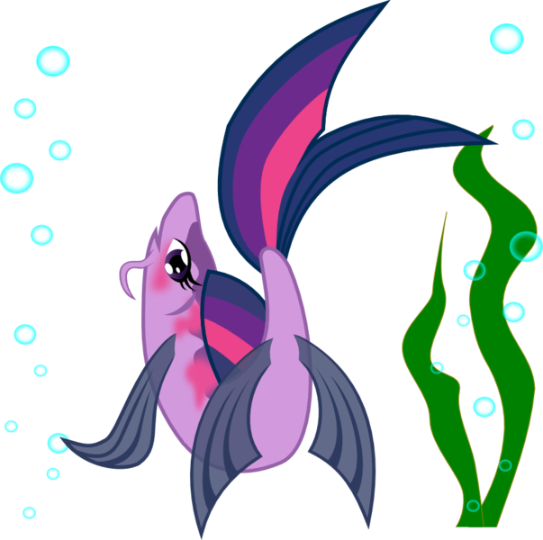 Size: 860x856 | Tagged: safe, artist:skrysal, derpibooru import, twilight sparkle, fish, blushing, bubble, fishified, flexible, looking at you, seaweed, simple background, smiling, solo, species swap, transparent background, underwater