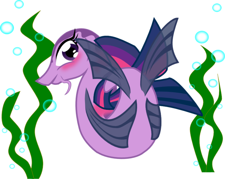 Size: 860x686 | Tagged: artist:skrysal, blushing, bubble, derpibooru import, female, fish, fishified, flexible, looking at you, looking back, seaweed, simple background, smiling, solo, solo female, species swap, suggestive, transparent background, twilight sparkle, underwater