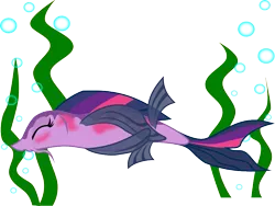 Size: 857x646 | Tagged: artist:skrysal, blushing, bubble, covering, derpibooru import, eyes closed, female, fish, fishified, seaweed, simple background, solo, solo female, species swap, suggestive, transparent background, twilight sparkle, underwater