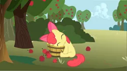 Size: 1366x768 | Tagged: safe, derpibooru import, edit, edited screencap, screencap, apple bloom, call of the cutie, adorabloom, apple, apple tree, cute, eyes closed, female, filly, foal, food, inverted mouth, smiling, solo, tree
