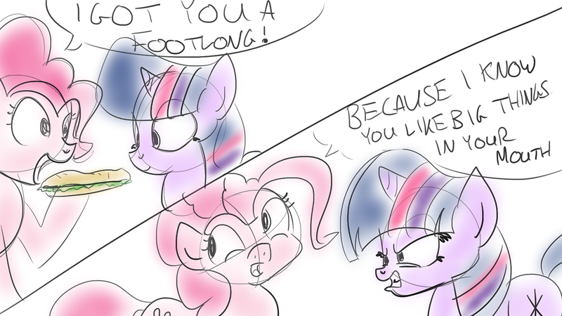 Size: 1280x720 | Tagged: angry, artist:jakejoke, comic, derpibooru import, dialogue, dirty joke, food, glare, gritted teeth, innuendo, open mouth, pinkie pie, sandwich, smiling, suggestive, that's what she said, twilight sparkle, unamused