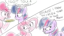 Size: 1280x720 | Tagged: angry, artist:jakejoke, comic, derpibooru import, dialogue, dirty joke, food, glare, gritted teeth, innuendo, open mouth, pinkie pie, sandwich, smiling, suggestive, that's what she said, twilight sparkle, unamused