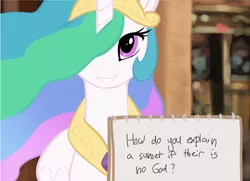 Size: 600x434 | Tagged: 22 questions from creationists, artist:maim, atheism, blurred background, creationism, derpibooru import, evolution, god, goddess, grin, looking at you, misspelling, notebook, parody, parody of a parody, princess celestia, question, religion, safe, smiling, solo, sunset, text, trollestia