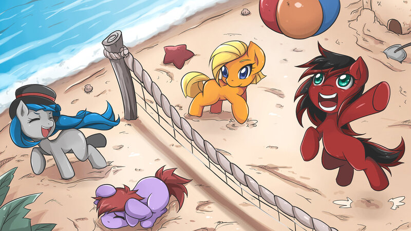 Size: 1191x671 | Tagged: artist:jinzhan, beach, beach ball, colt, cute, derpibooru import, filly, hat, male, oc, safe, top hat, unofficial characters only