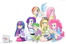 Size: 2724x1824 | Tagged: applejack, artist:cosmicponye, blushing, breasts, clothes, computer, converse, covering eyes, derpibooru import, fluttershy, human, humanized, implied porn, light skin, mane seven, mane six, pinkie pie, rainbow dash, rarity, shoes, spike, suggestive, sweatershy, twilight sparkle, winged humanization