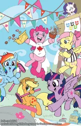 Size: 701x1080 | Tagged: safe, artist:katiecandraw, derpibooru import, idw, applejack, fluttershy, pinkie pie, rainbow dash, rarity, twilight sparkle, twilight sparkle (alicorn), alicorn, pony, canada, clothes, comic, cover, curling, female, mane six, maple leaf, maple syrup, mare, olympics, poutine, referee, referee shirt, sports, timbits, whistle