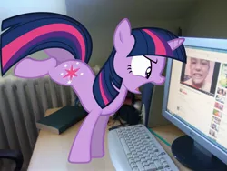 Size: 3648x2736 | Tagged: angry, artist:hundebleonidasx, artist:sulyo, book, child, computer mouse, dead source, derpibooru import, desk, hater, irl, keyboard, monitor, photo, ponies in real life, safe, solo, tower, twilight sparkle, vector, windows, windows 7, youtube