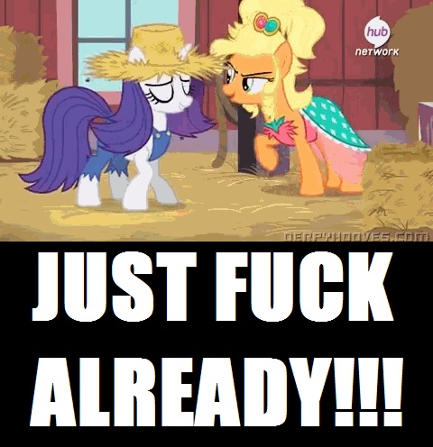 Size: 480x496 | Tagged: questionable, derpibooru import, edit, screencap, applejack, rarity, simple ways, angry sex, applejewel, derpyhooves.com, drama, female, hub logo, hub network, image macro, lesbian, rarihick, rarijack, shipping, the hub, trolling, ust, vulgar