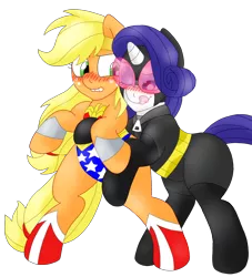 Size: 2370x2615 | Tagged: suggestive, artist:blackbewhite2k7, derpibooru import, applejack, rarity, pony, applebucking thighs, bipedal, blushing, catwoman, female, fondling, lesbian, licking lips, rarijack, shipping, simple background, transparent background, vector, wonder woman