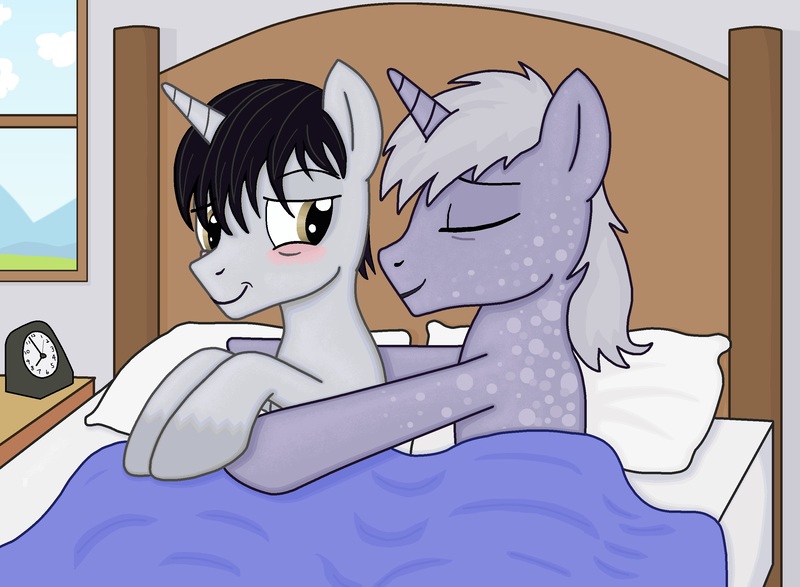 Size: 2667x1956 | Tagged: safe, artist:the-sinful78, derpibooru import, oc, unofficial characters only, bed, blushing, clock, cuddling, gay, male, snuggling