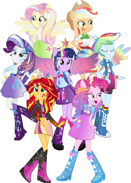 Size: 3000x4172 | Tagged: safe, artist:theshadowstone, derpibooru import, applejack, fluttershy, pinkie pie, rainbow dash, rarity, sunset shimmer, twilight sparkle, equestria girls, rainbow rocks, alternative cutie mark placement, clothes, colored wings, facial cutie mark, humane seven, humane six, mane six, multicolored wings, ponied up, rainbow power, rainbow wings, sleeveless, tanktop