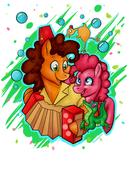 Size: 596x797 | Tagged: safe, artist:reaperfox, derpibooru import, boneless, cheese sandwich, gummy, pinkie pie, accordion, cheesepie, female, fez, hat, male, musical instrument, straight