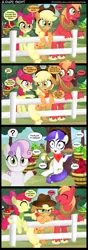 Size: 1000x2850 | Tagged: safe, artist:coltsteelstallion, derpibooru import, apple bloom, applejack, big macintosh, rarity, sweetie belle, earth pony, pony, simple ways, apple, apple siblings, bandana, banjo, bipedal, bipedal leaning, cider, comic, creeper, leaning, male, musical instrument, pie, shrug, slenderman, stallion, that pony sure does love apples, tower of pimps