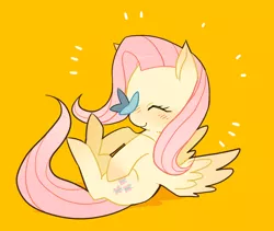 Size: 950x800 | Tagged: safe, artist:usagimochi, derpibooru import, fluttershy, butterfly, pegasus, pony, blushing, butterfly on nose, cute, eyes closed, female, insect on nose, mare, pixiv, shyabetes, simple background, solo, spread wings, wings, yellow background