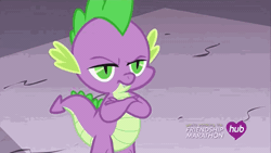 Size: 576x324 | Tagged: animated, aside glance, derpibooru import, fourth wall, hubble, hub logo, looking at you, raised eyebrow, reaction image, safe, screencap, sideways glance, simple ways, solo, spike, the hub
