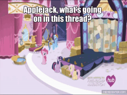 Size: 500x374 | Tagged: safe, derpibooru import, screencap, applejack, fluttershy, pinkie pie, rainbow dash, twilight sparkle, twilight sparkle (alicorn), alicorn, pony, simple ways, animated, female, hub logo, hubble, image macro, mare, memecenter, reaction image, the hub, what's going on in this thread