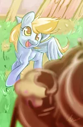 Size: 1600x2432 | Tagged: safe, artist:chingilin, derpibooru import, derpy hooves, pegasus, pony, chocolate fountain, female, food, fountain, mare, muffin, scene interpretation, solo