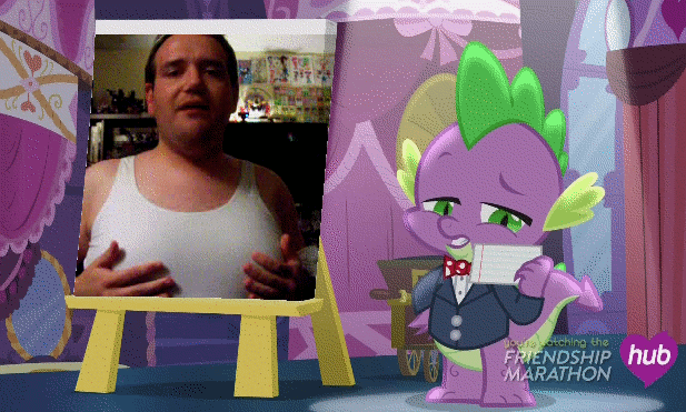 Size: 617x371 | Tagged: animated, bra, chris chan, clothes, crossdressing, derpibooru import, dragon, duo, edit, edited screencap, hub logo, human, indoors, irl, irl human, moobs, photo, questionable, record player, screencap, simple ways, spike, suit, the horror, the hub, underwear, wat, why