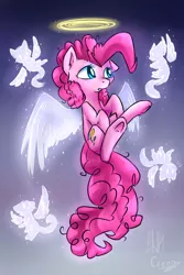 Size: 1280x1920 | Tagged: angel, artificial wings, artist:suplolnope, augmented, cat, derpibooru import, flying, halo, magic, magic wings, pinkie pie, safe, solo, underhoof, wings