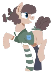 Size: 811x1117 | Tagged: safe, artist:dbkit, derpibooru import, oc, oc:potato chip, unofficial characters only, earth pony, pony, blank flank, clothes, female, offspring, parent:cheese sandwich, parent:pinkie pie, parents:cheesepie, solo