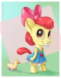 Size: 1910x2411 | Tagged: safe, artist:ratwhiskers, derpibooru import, apple bloom, duck, pony, adorabloom, baby, bipedal, cute, diaper, foal, pacifier, solo, toddler