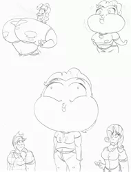 Size: 2500x3286 | Tagged: airhead, applejack, artist:catstuxedo, head, human, humanized, inflated head, inflation, monochrome, pinkie pie, rarity, safe, scene interpretation, simple ways, sketch