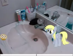 Size: 651x500 | Tagged: safe, derpibooru import, derpy hooves, pegasus, pony, counter, cup, female, irl, mare, mirror, muffin, sink, toothbrush, toothpaste, towel, windex