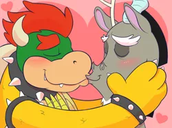 Size: 1280x956 | Tagged: artist:acstlu, blushing, bowser, crack shipping, crossover, derpibooru import, discord, eyes closed, gay, heart, hug, kissing, male, safe, shipping, spiked wristband, super mario bros., wat, why, wristband, wtf