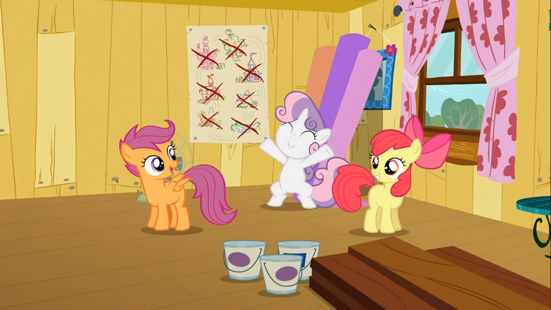 Size: 1366x768 | Tagged: apple bloom, bipedal, clubhouse, crusaders clubhouse, cutie mark crusaders, derpibooru import, safe, scootaloo, screencap, spreading, spread legs, sweetie belle, the show stoppers