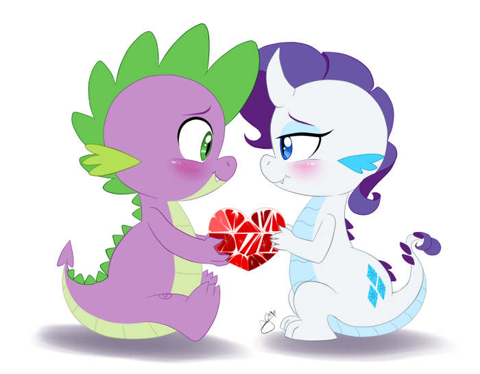 Size: 700x545 | Tagged: safe, artist:pia-sama, derpibooru import, rarity, spike, dragon, bedroom eyes, blushing, cute, cutie mark, diamond, dragonified, eye contact, fangs, female, fire ruby, gem, horn, male, raribetes, raridragon, shipping, signature, simple background, sitting, smiling, sparity, species swap, spikabetes, straight, white background