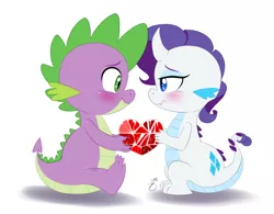 Size: 700x545 | Tagged: safe, artist:pia-sama, derpibooru import, rarity, spike, dragon, bedroom eyes, blushing, cute, cutie mark, diamond, dragonified, eye contact, fangs, female, fire ruby, gem, horn, male, raribetes, raridragon, shipping, signature, simple background, sitting, smiling, sparity, species swap, spikabetes, straight, white background