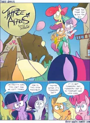 Size: 1000x1371 | Tagged: safe, artist:capnpea, derpibooru import, apple bloom, applejack, pinkie pie, rarity, scootaloo, sweetie belle, twilight sparkle, twilight sparkle (alicorn), alicorn, earth pony, pegasus, pony, unicorn, comic:three apples, balloon, comic, cutie mark crusaders, female, filly, mare, no pupils, scootaloo can fly, wingding eyes