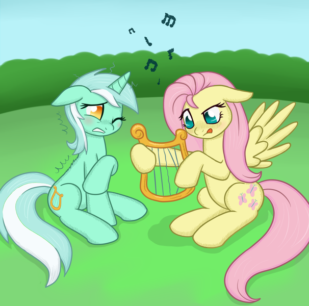 Size: 1090x1080 | Tagged: artist:marindashy, derpibooru import, fluttershy, fluttershy answers, lyra heartstrings, lyre, musical instrument, safe, tumblr