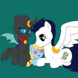 Size: 950x950 | Tagged: artist:the-paper-pony, bell, bell collar, changeling, changeling oc, collar, cute, derpibooru import, fanfic:an affliction of the heart, fangs, foal, horn ring, hybrid, love, oc, oc:kuno, oc:swarm, offspring, prone, ring, safe, smiling, spread wings, unofficial characters only, warden, wing ring