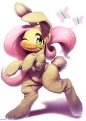 Size: 1280x1811 | Tagged: safe, artist:aruurara, derpibooru import, fluttershy, pony, bunny costume, bunnyshy, carrot, clothes, female, mare, one eye closed, solo, wink