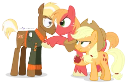 Size: 1125x750 | Tagged: safe, artist:dm29, derpibooru import, applejack, big macintosh, trenderhoof, earth pony, pony, simple ways, annoyed, apple, clothes, eating, eye contact, frown, glare, glasses, male, overprotective, simple background, stallion, sweater, transparent background, trio, wide eyes