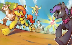 Size: 1528x967 | Tagged: safe, artist:starloo, derpibooru import, applejack, fluttershy, pinkie pie, oc, cow, earth pony, pegasus, pony, action pose, animal, clothes, cloven hooves, cowboy hat, female, fiesta equestria, flying, grin, gritted teeth, hat, herd, horn, lasso, looking back, mare, mouth hold, panic, rope, running, scared, scarf, smiling, stampede, udder, underhoof, wide eyes
