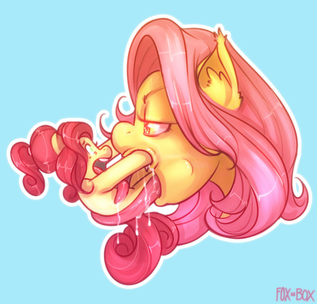 Size: 1280x1224 | Tagged: questionable, artist:naughtydoodles, derpibooru import, cherry jubilee, fluttershy, fetish, flutterbat, flutterpred, size difference, tongue out, vore, vorepire, wet