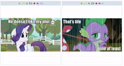 Size: 518x278 | Tagged: derpibooru, derpibooru import, exploitable meme, juxtaposition, juxtaposition win, meme, meta, plot, rarity, safe, spike