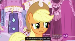 Size: 1280x700 | Tagged: applejack, derpibooru import, hub logo, meme, safe, screencap, simple ways, solo, youtube caption