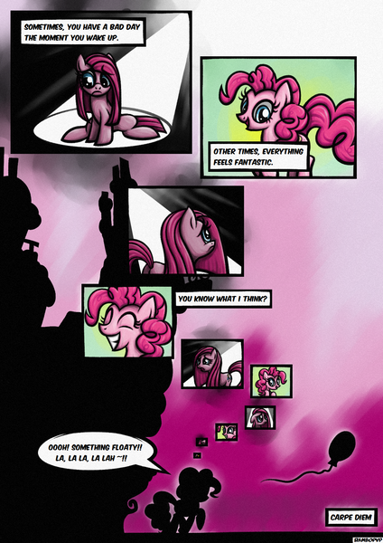 Size: 1240x1754 | Tagged: safe, artist:rambopvp, derpibooru import, pinkie pie, earth pony, pony, balloon, carpe diem, comic, duality, female, mare, pinkamena diane pie, solo