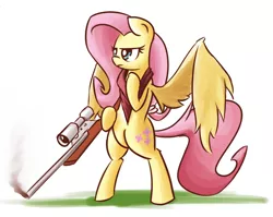 Size: 2518x2000 | Tagged: safe, artist:shovrike, derpibooru import, fluttershy, pegasus, pony, bandana, bipedal, cutie mark, female, flutterbadass, frown, glare, gun, hoof hold, hooves, mare, optical sight, rifle, simple background, smoking, sniper rifle, snipershy, solo, spread wings, weapon, white background, who needs trigger fingers, wings