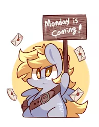 Size: 700x900 | Tagged: safe, artist:lifeloser, derpibooru import, derpy hooves, pegasus, pony, chibi, female, frown, glare, letter, mail, mailbag, mailpony, mare, monday, solo, winter is coming