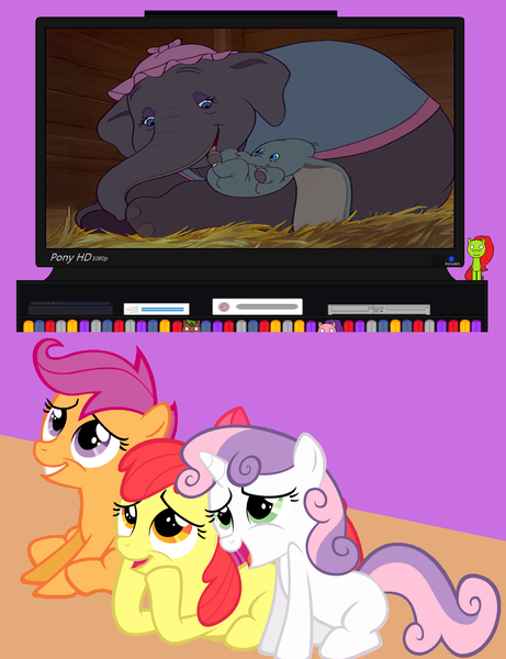 Size: 1170x1524 | Tagged: apple bloom, artist:miketheelephantbrony, cutie mark crusaders, derpibooru import, dumbo, exploitable meme, meme, mrs. jumbo, obligatory pony, safe, scootaloo, sweetie belle, this will end in tears, tv meme