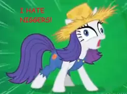 Size: 471x346 | Tagged: safe, deleted from derpibooru, derpibooru import, edit, edited screencap, screencap, rarity, pony, unicorn, simple ways, background pony strikes again, caption, comic sans, female, hat, image macro, mare, mouthpiece, needs more jpeg, out of character, racial slur, racism, rariderp, rarihick, solo, straw hat, text, vulgar