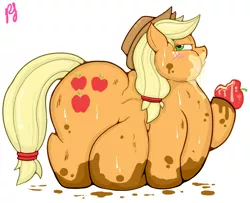 Size: 1000x810 | Tagged: apple, applefat, applejack, artist:pfh, bedroom eyes, big belly, blushing, chubby cheeks, derpibooru import, eating, fat, female, messy eating, morbidly obese, mud, muddy, obese, palindrome get, simple ways, slob, solo, solo female, suggestive, sweat