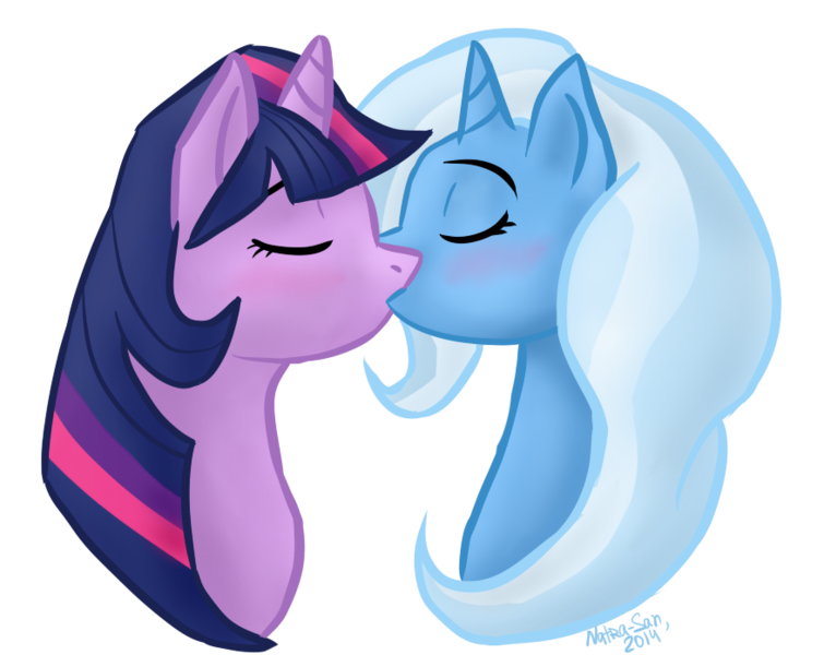 Size: 877x697 | Tagged: safe, artist:natra-san, derpibooru import, trixie, twilight sparkle, eyes closed, female, kissing, lesbian, shipping, twixie