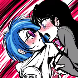 Size: 600x600 | Tagged: safe, artist:megarexetera, derpibooru import, octavia melody, vinyl scratch, human, angry, blushing, clothes, female, humanized, lesbian, light skin, looking at each other, open mouth, scratchtavia, shipping, sweat, tsundere, tsuntavia