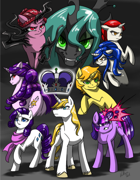 Size: 790x1010 | Tagged: artist:valkyrie-girl, changeling, changeling queen, derpibooru import, fanfic, fanfic art, oc, prince blueblood, queen chrysalis, rarity, safe, this platinum crown, twilight sparkle