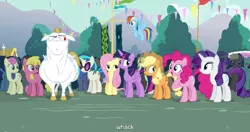 Size: 1152x609 | Tagged: safe, derpibooru import, screencap, applejack, bon bon, bulk biceps, fluttershy, pinkie pie, rainbow dash, rarity, sweetie drops, twilight sparkle, twilight sparkle (alicorn), vinyl scratch, alicorn, pony, simple ways, female, mane six, mare, meme, youtube caption